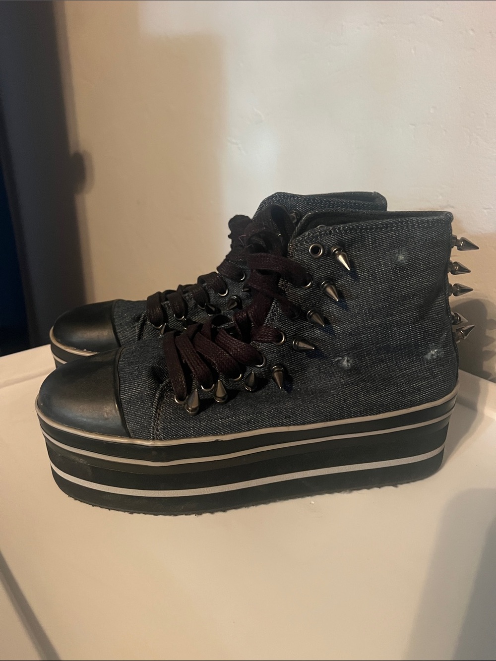 YRU Black Denim Platform High-Tops with Silver Spikes